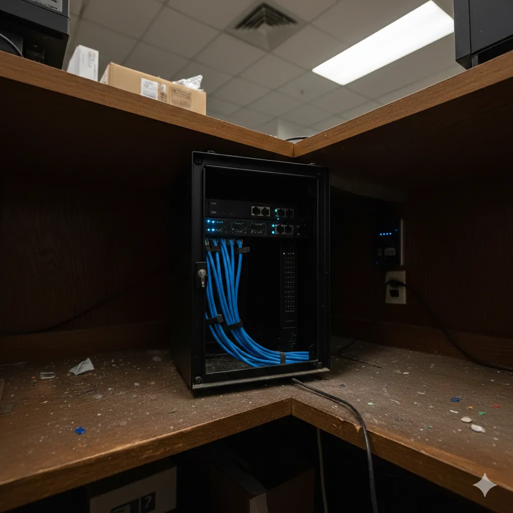 Rack organizado con equipos MikroTik y Ubiquiti